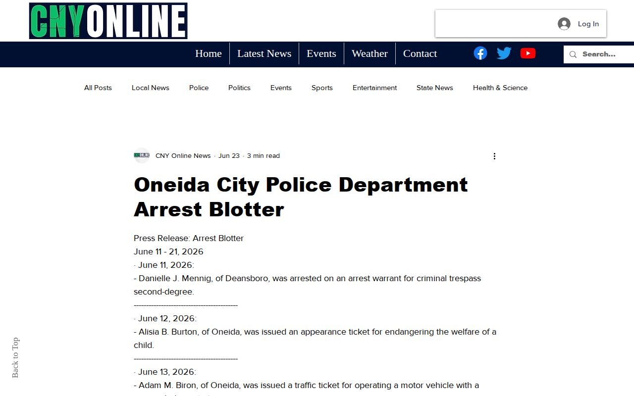 Oneida City arrest blotter reporting source for Madison County booking context